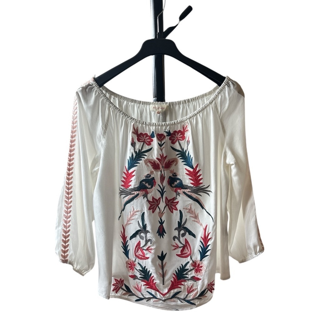 Solitaire Women's White Embroidered Floral Cottage Fairy Tunic Blouse L Boho